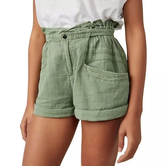 FREE PEOPLE OIL GREEN LINEN - COTTON BLEND SHORTS NWT
